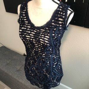 🎽Anthropologie Sleeveless Meadow Rue Navy Top W/Overlay XS ☀️